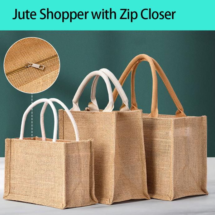 Jute Grocery Tote Zip Top Close with Logo Imprint Customize for Promotion